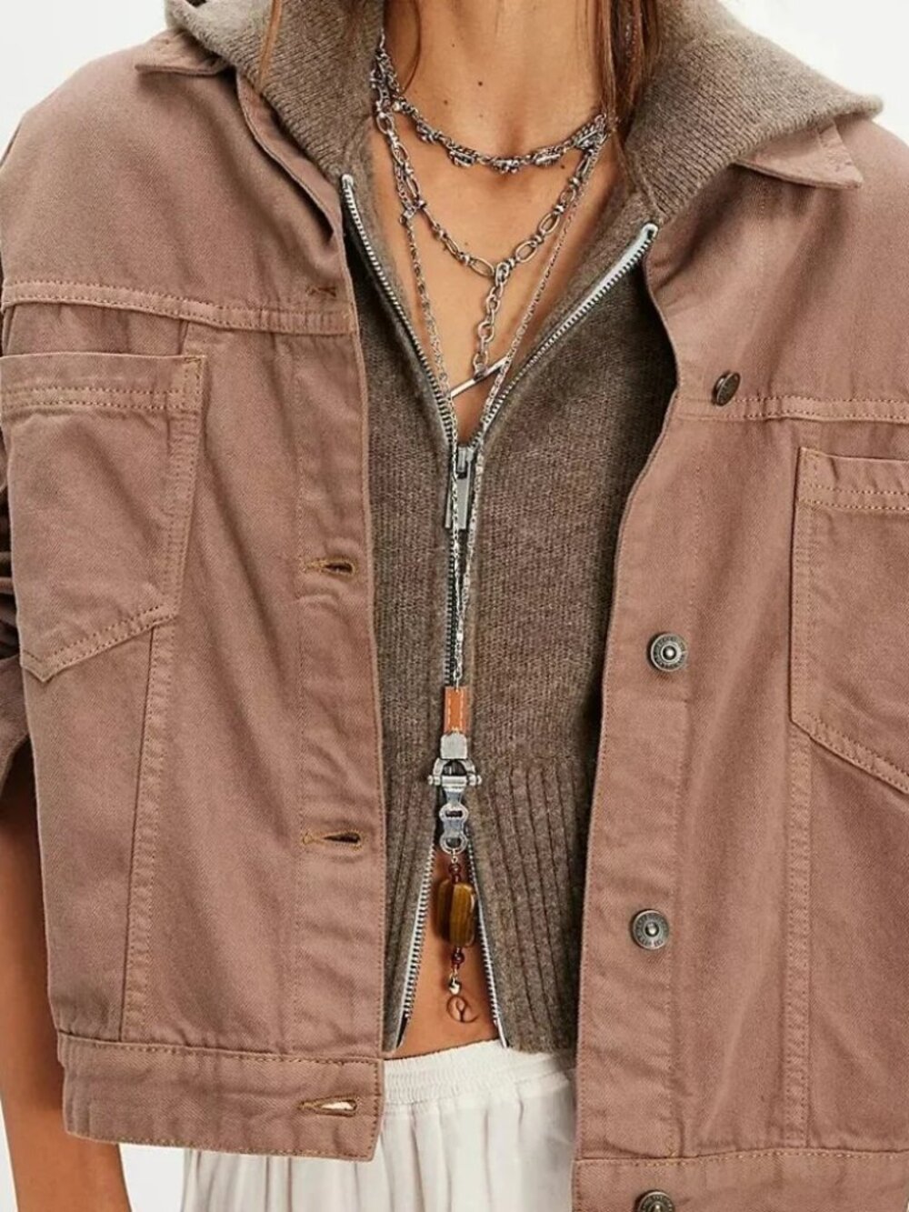Free People Opal Swing Denim Jacket Dusted Cocoa XL NWT - Picture 3 of 10